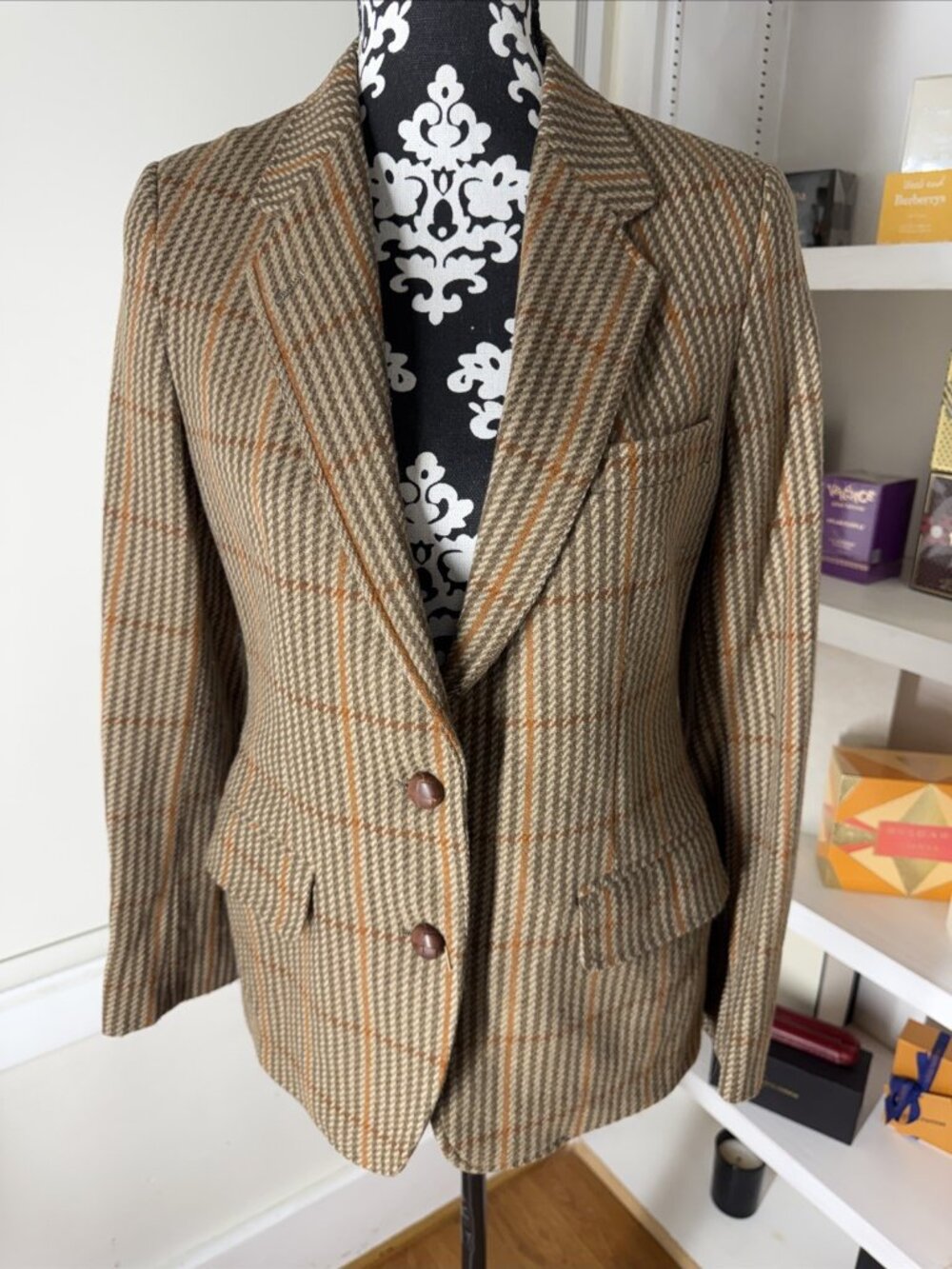 Vintage 70's Wool tweed orange brown Blazer Classic Old $ S/M Tailored lined